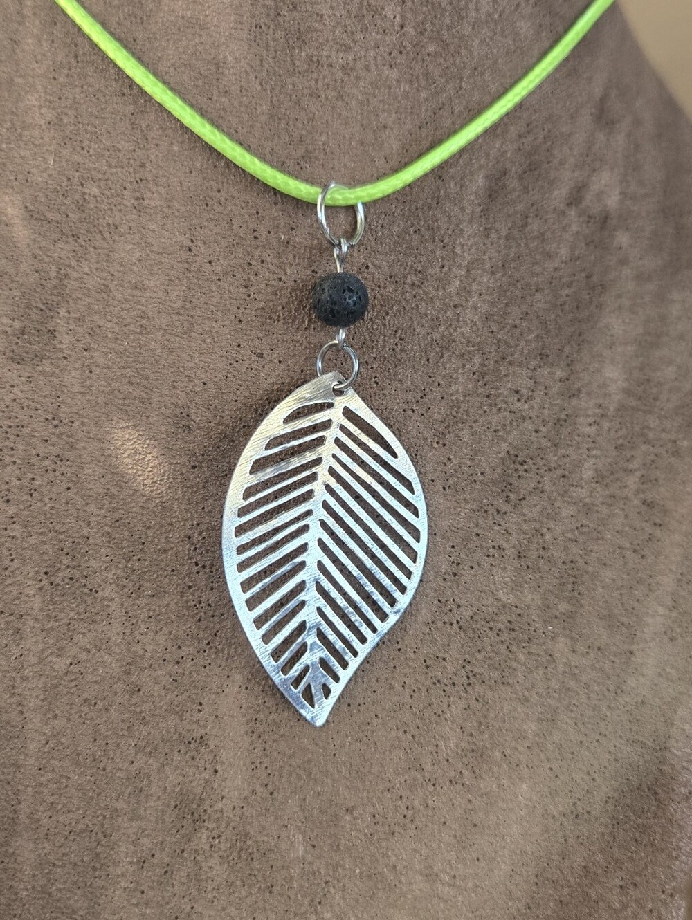 Silver-Tone Leaf & Black Lava Bead Necklace Green Cord 17" + 2" Extender